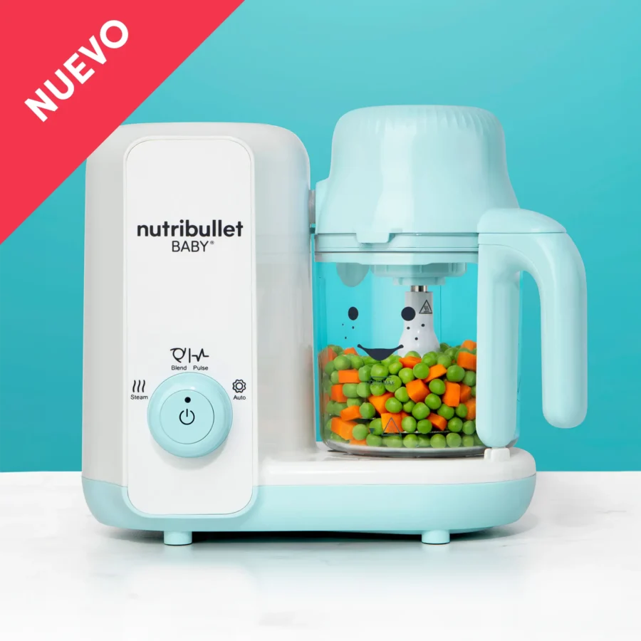 Vista frontal de la nueva nutribullet® Baby Steam & Blend sobre fondo azul turquesa y blanco