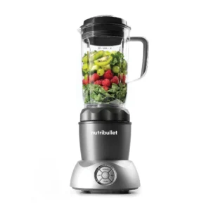 nutribullet® Select 2.0 color gris - Licuadora con alimentos en fondo blanco