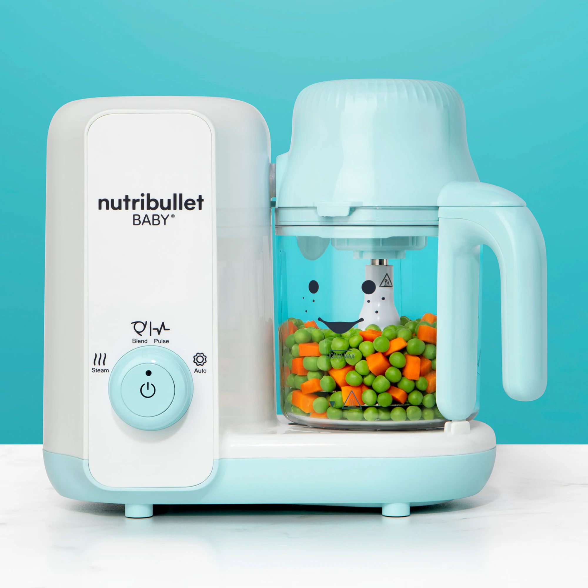 Vista frontal de la nutribullet® Baby Steam & Blend sobre fondo azul turquesa y blanco